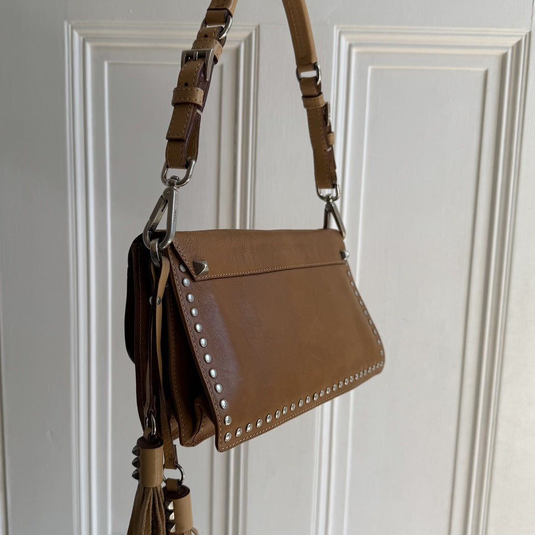 Prada Tassels Studded Leather Brown Shoulder Bag