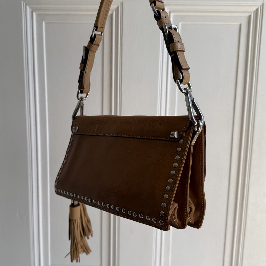 Prada Tassels Studded Leather Brown Shoulder Bag