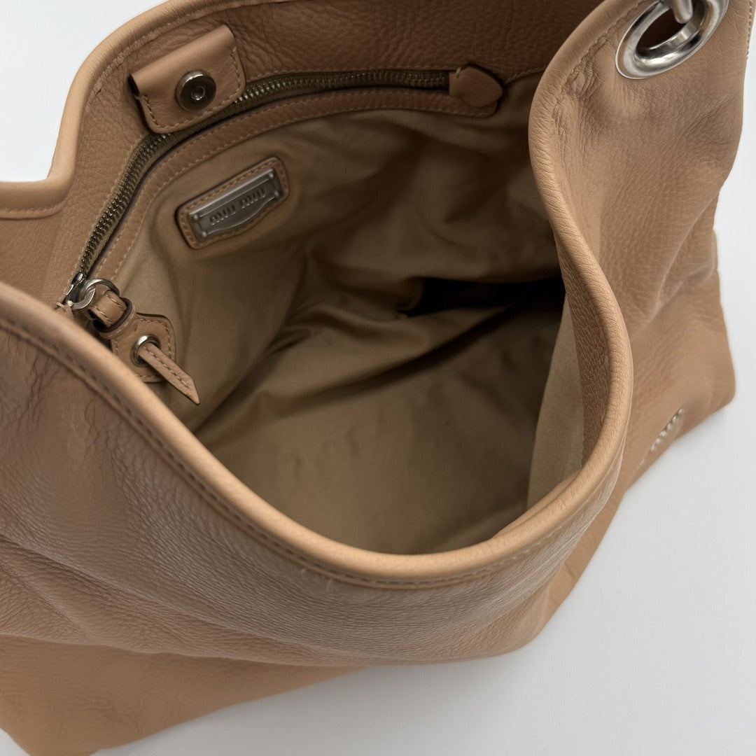 Miu Miu Hobo Leather Beige Shoulder Bag