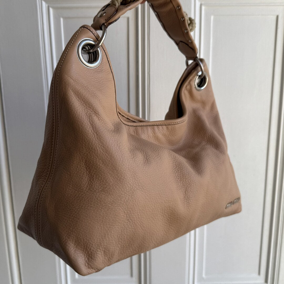 Miu Miu Hobo Leather Beige Shoulder Bag