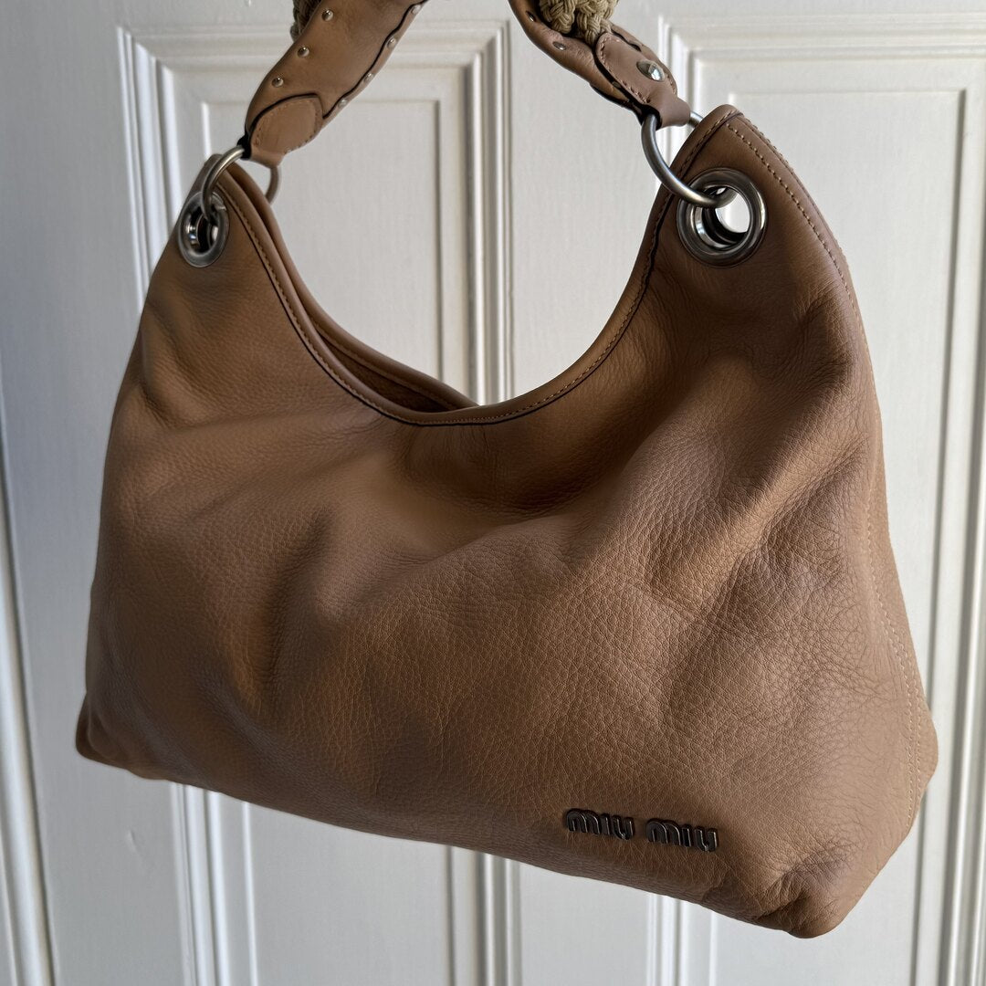 Miu Miu Hobo Leather Beige Shoulder Bag