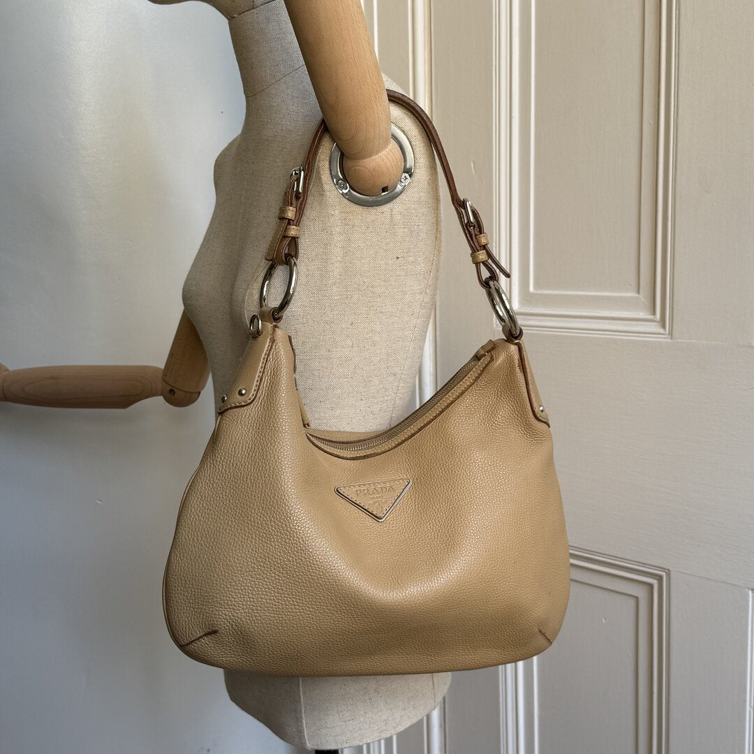 Prada Vitello Daino Hobo Beige Leather Shoulder Bag