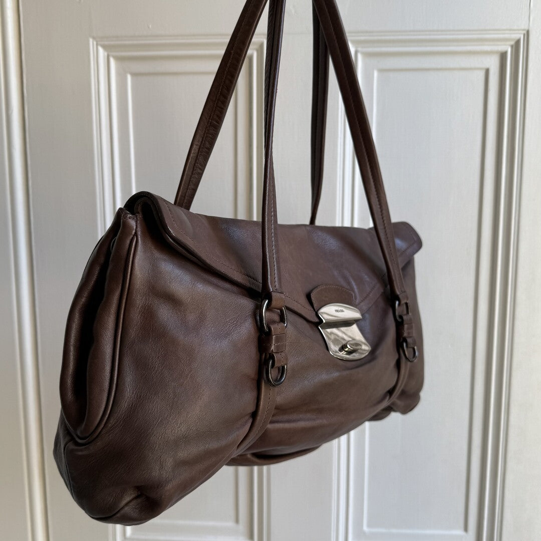 Prada Vitello Easy Leather Brown Shoulder Bag