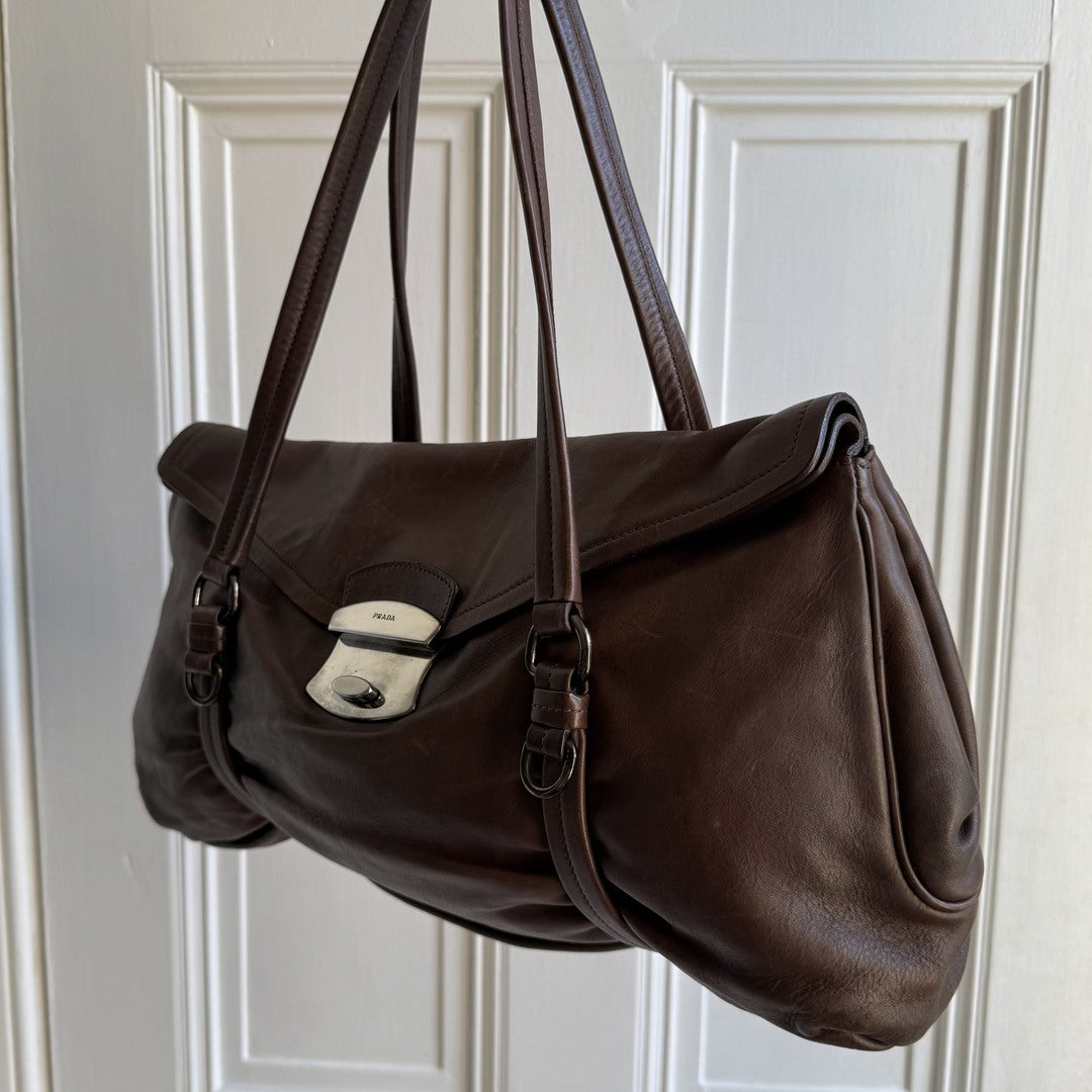 Prada Vitello Easy Leather Brown Shoulder Bag