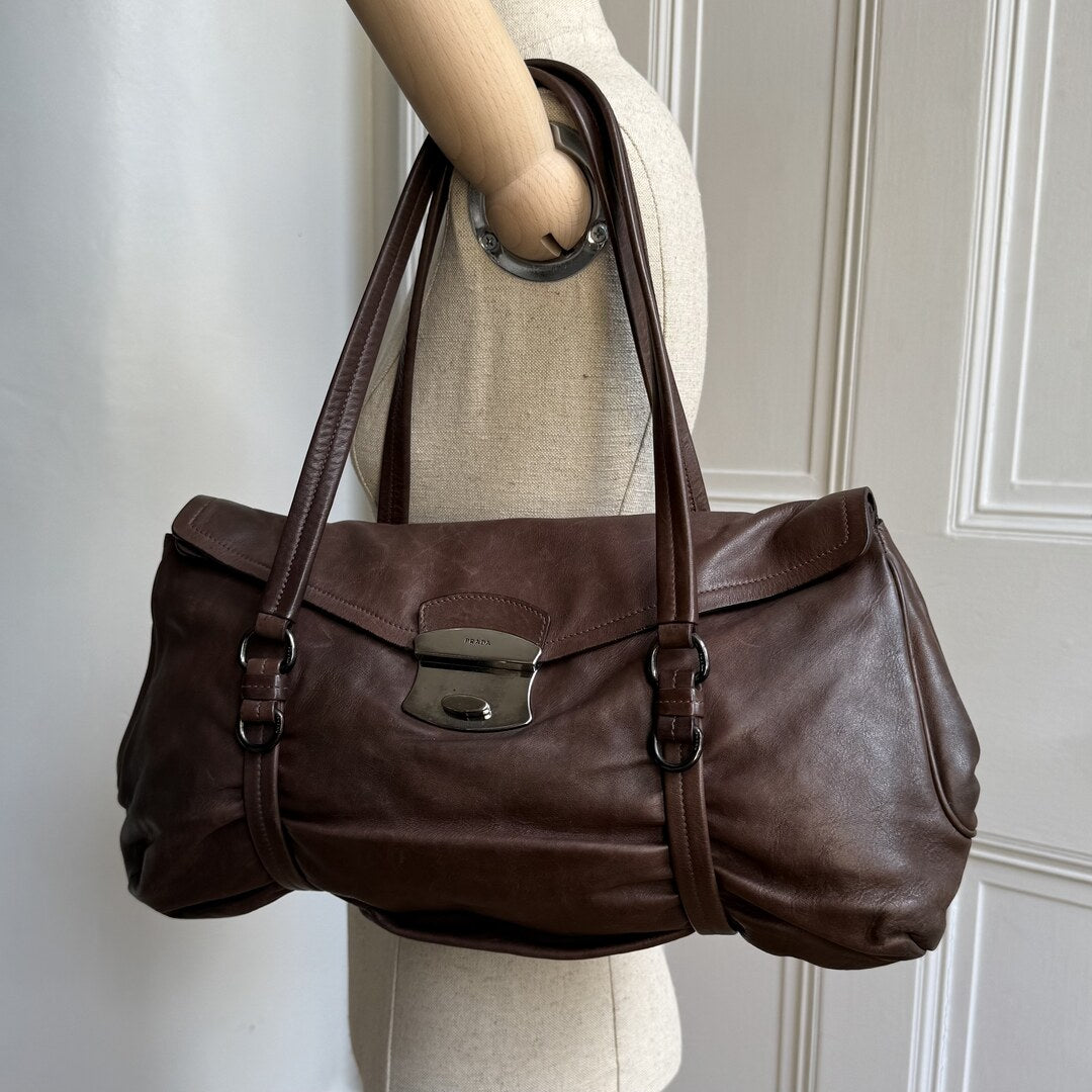 Prada Vitello Easy Leather Brown Shoulder Bag