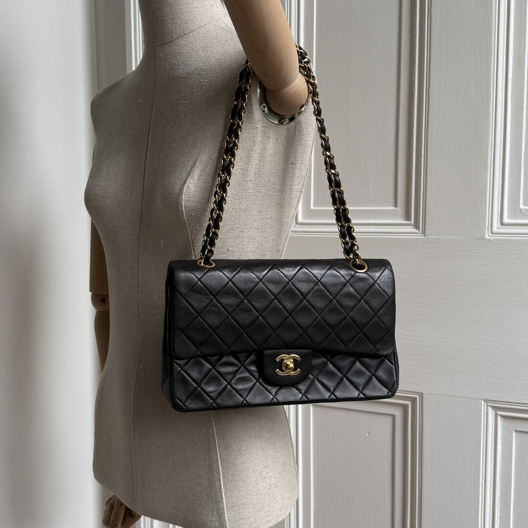 90s Chanel Matelasse Double Flap Chain 24K Gold Black Shoulder Bag