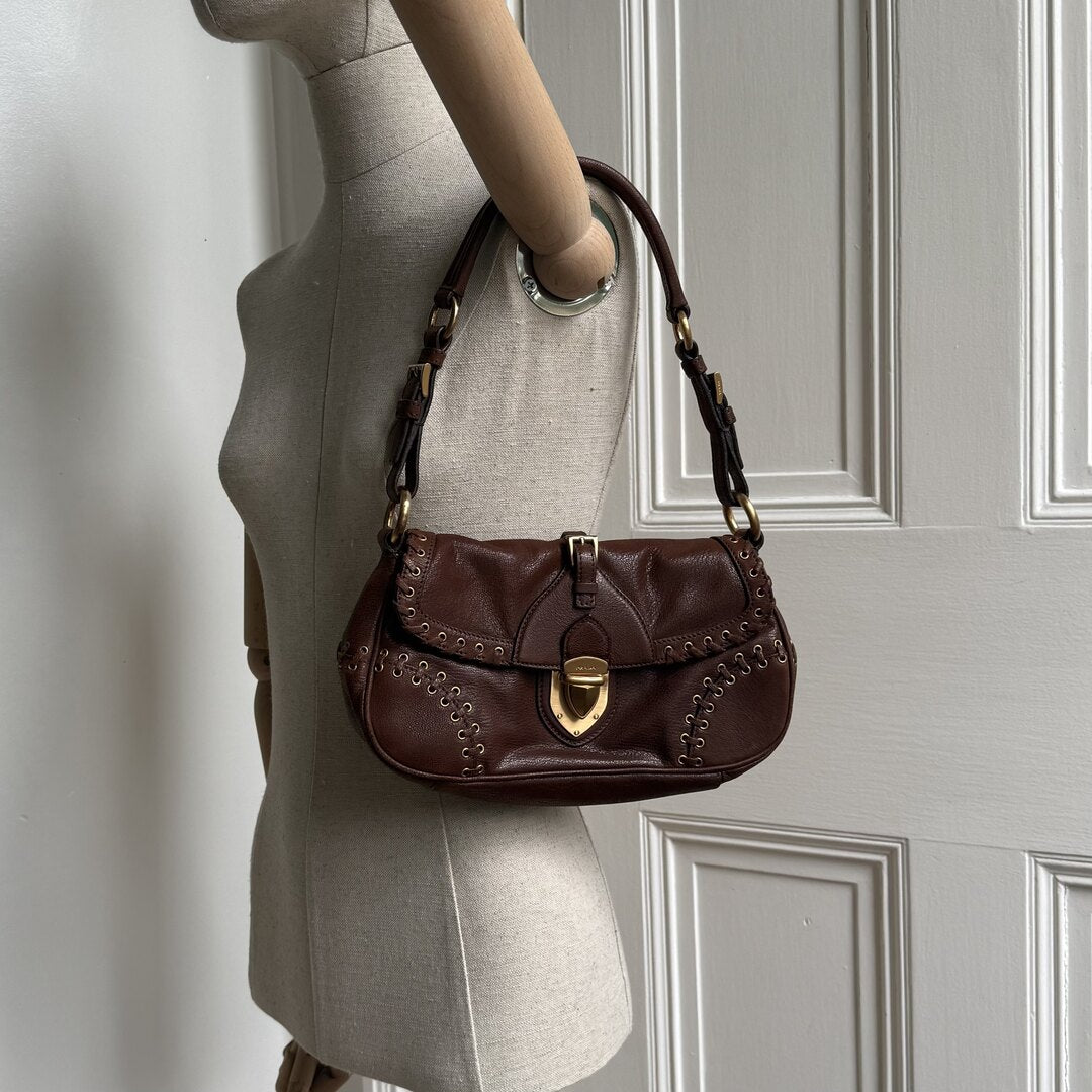 Prada Whipstitch Grommet Brown Leather Shoulder Bag