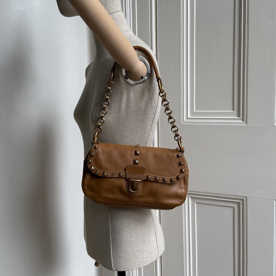 Prada Borchie Studded Brown Leather Shoulder Bag