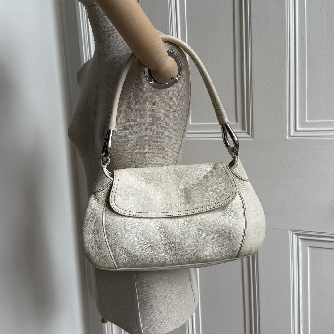 2003 Prada Hobo VItello Daino Leather White Shoulder Bag