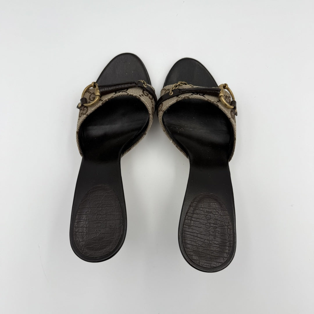 Gucci GG Canvas Horsebit Chain Kitten Heels