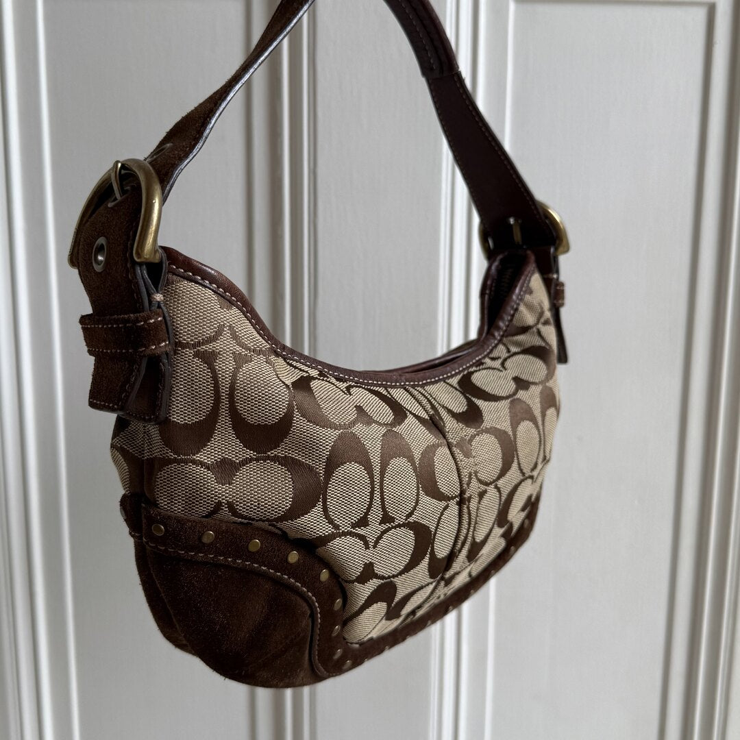 Coach Signature Studded Croissant Brown Shoulder Bag