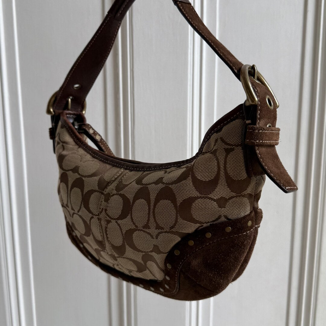 Coach Signature Studded Croissant Brown Shoulder Bag