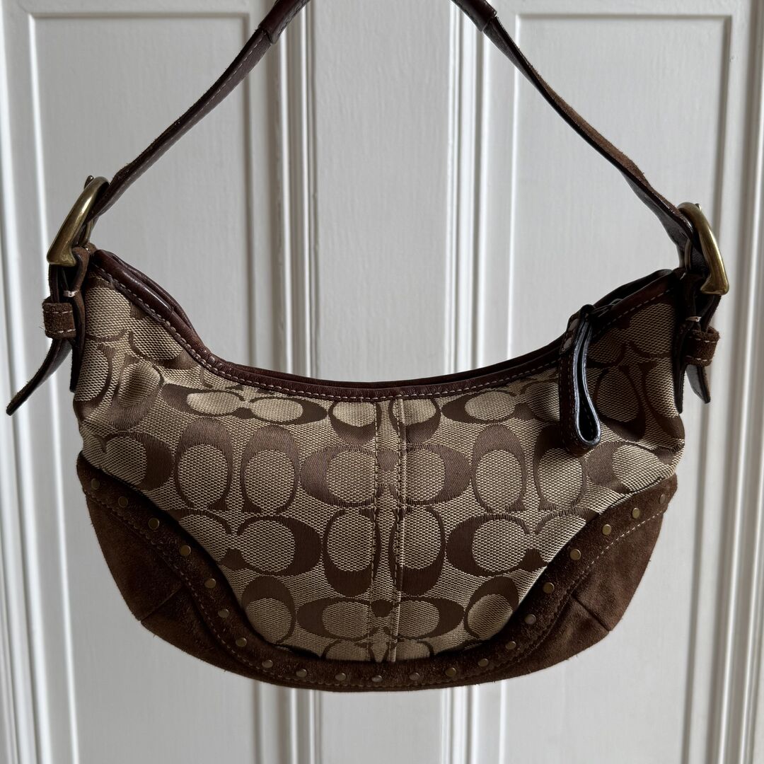 Coach Signature Studded Croissant Brown Shoulder Bag