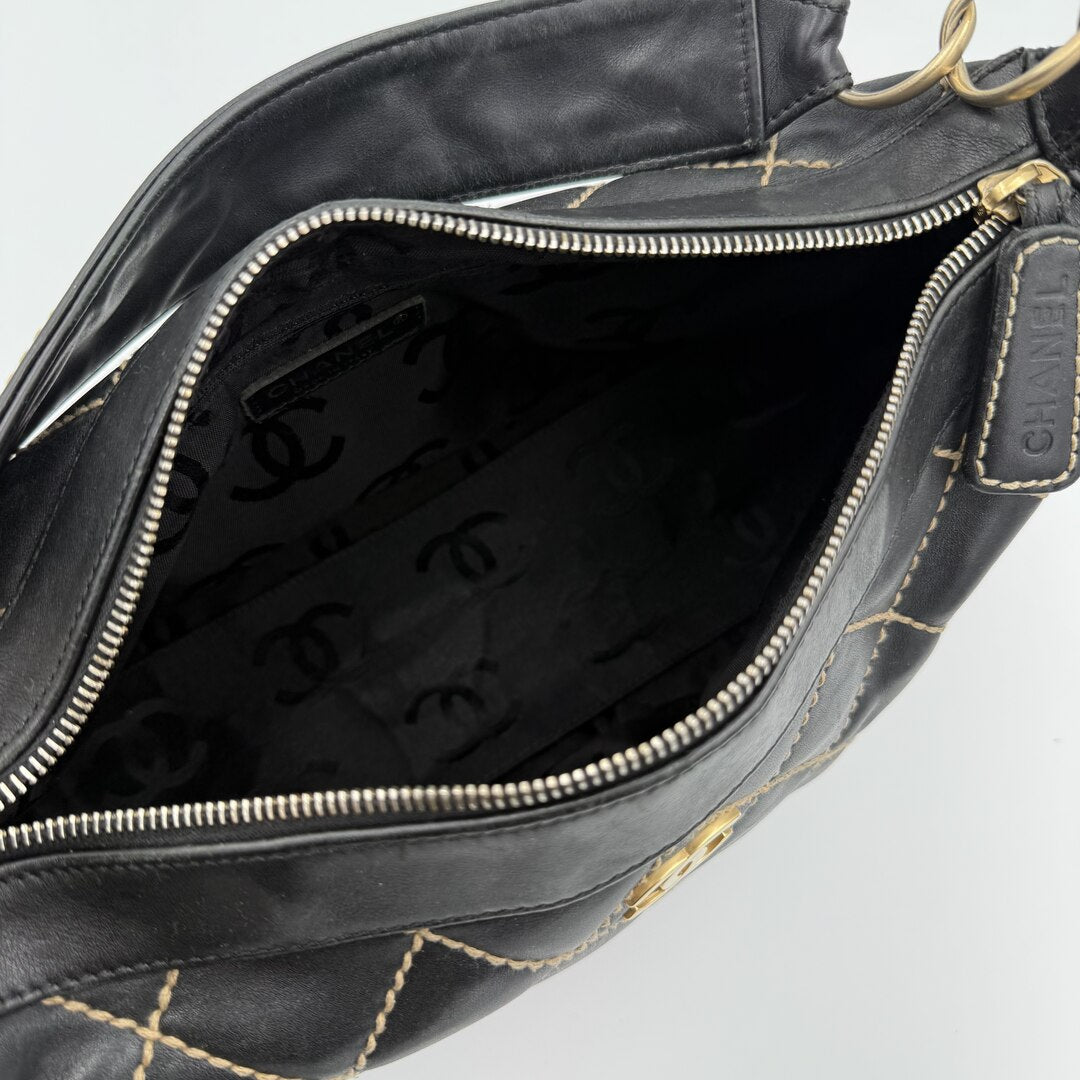 2003 Chanel CC Surpique Wild Stitch Black Leather Handbag