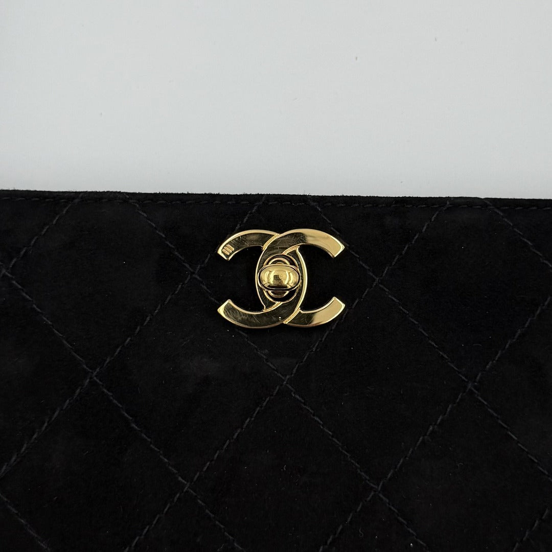 90s Chanel Turnlock CC 24K Gold Suede Black Shoulder Bag