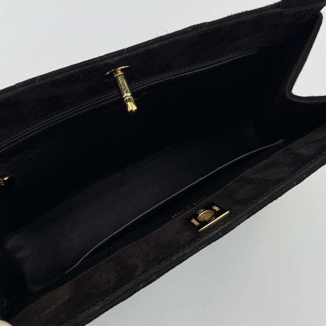 90s Chanel Turnlock CC 24K Gold Suede Black Shoulder Bag