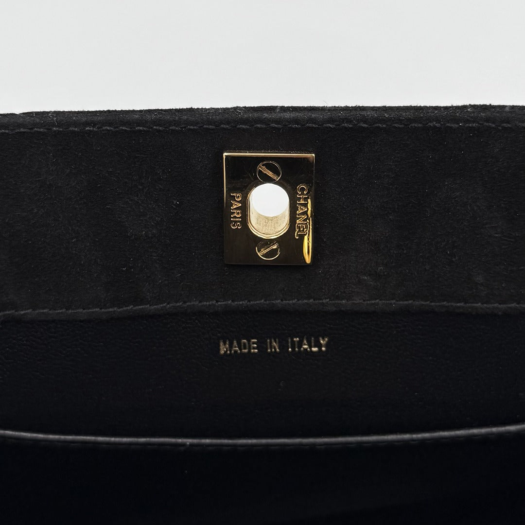 90s Chanel Turnlock CC 24K Gold Suede Black Shoulder Bag