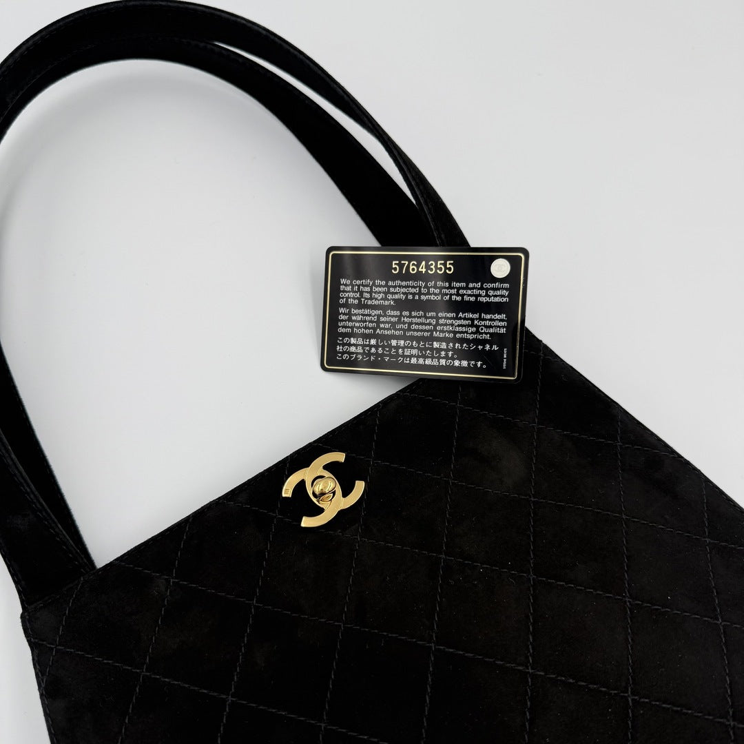 90s Chanel Turnlock CC 24K Gold Suede Black Shoulder Bag