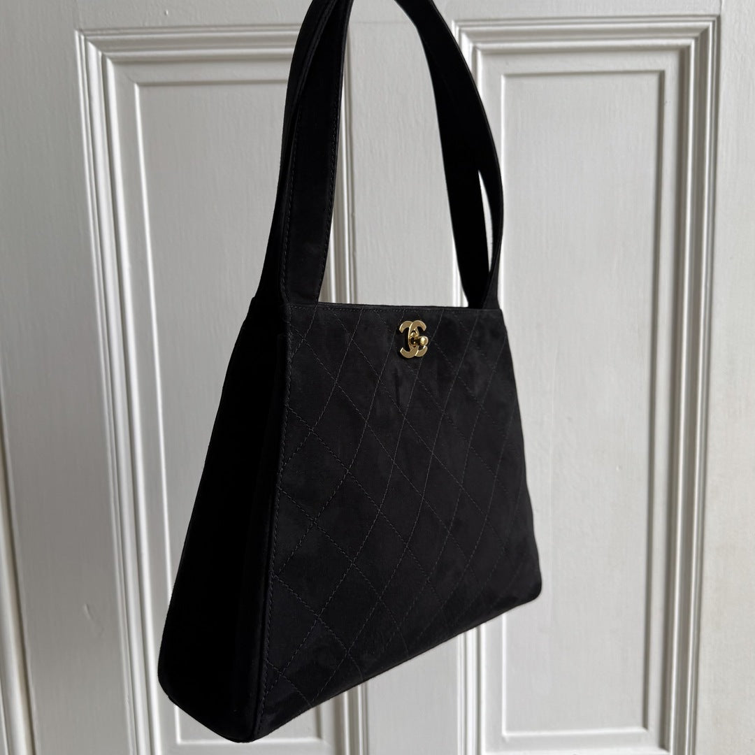 90s Chanel Turnlock CC 24K Gold Suede Black Shoulder Bag