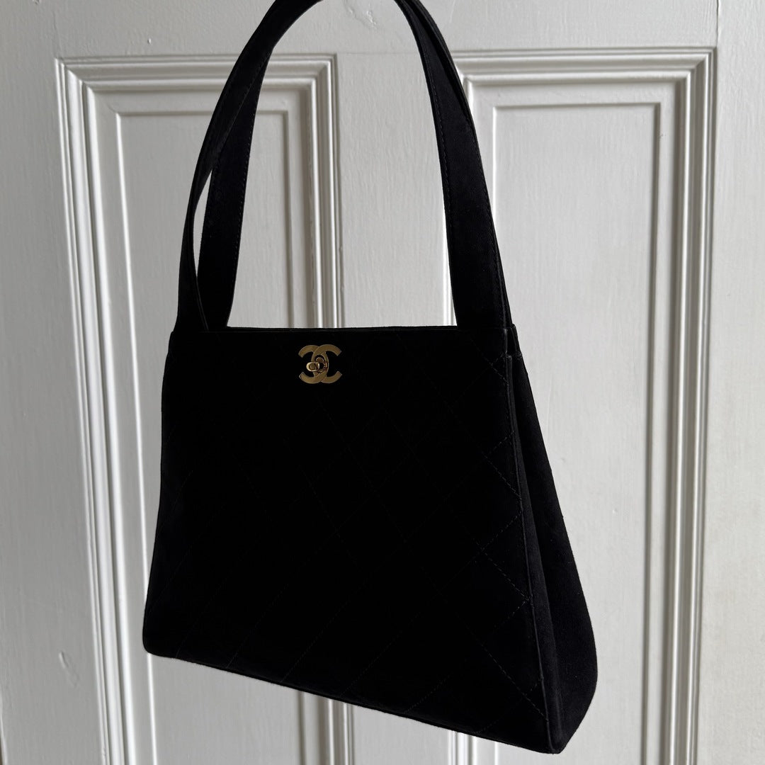 90s Chanel Turnlock CC 24K Gold Suede Black Shoulder Bag