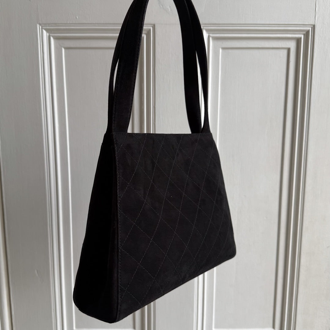 90s Chanel Turnlock CC 24K Gold Suede Black Shoulder Bag