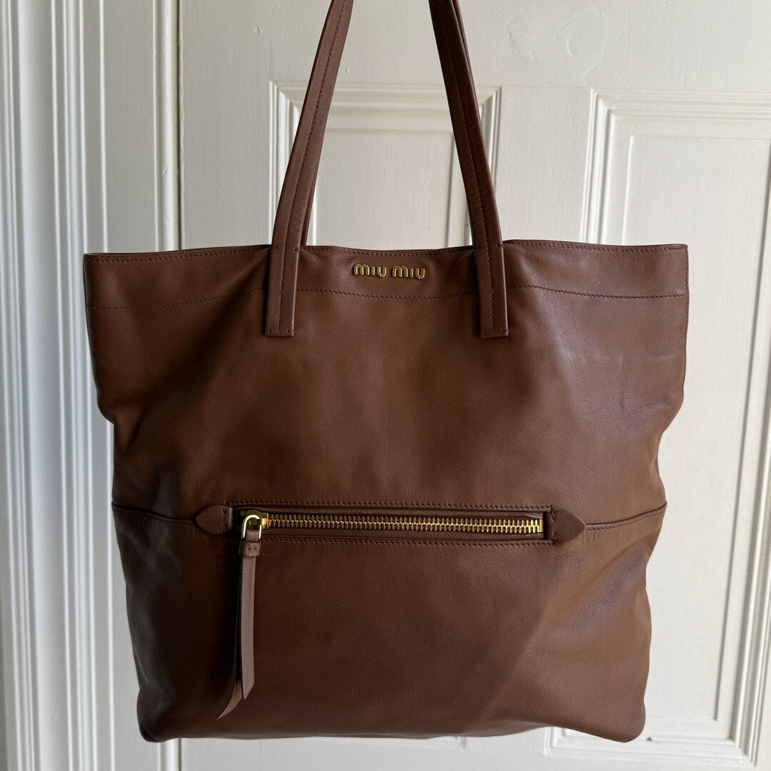 Miu Miu Vitello Brown Leather Tote Bag