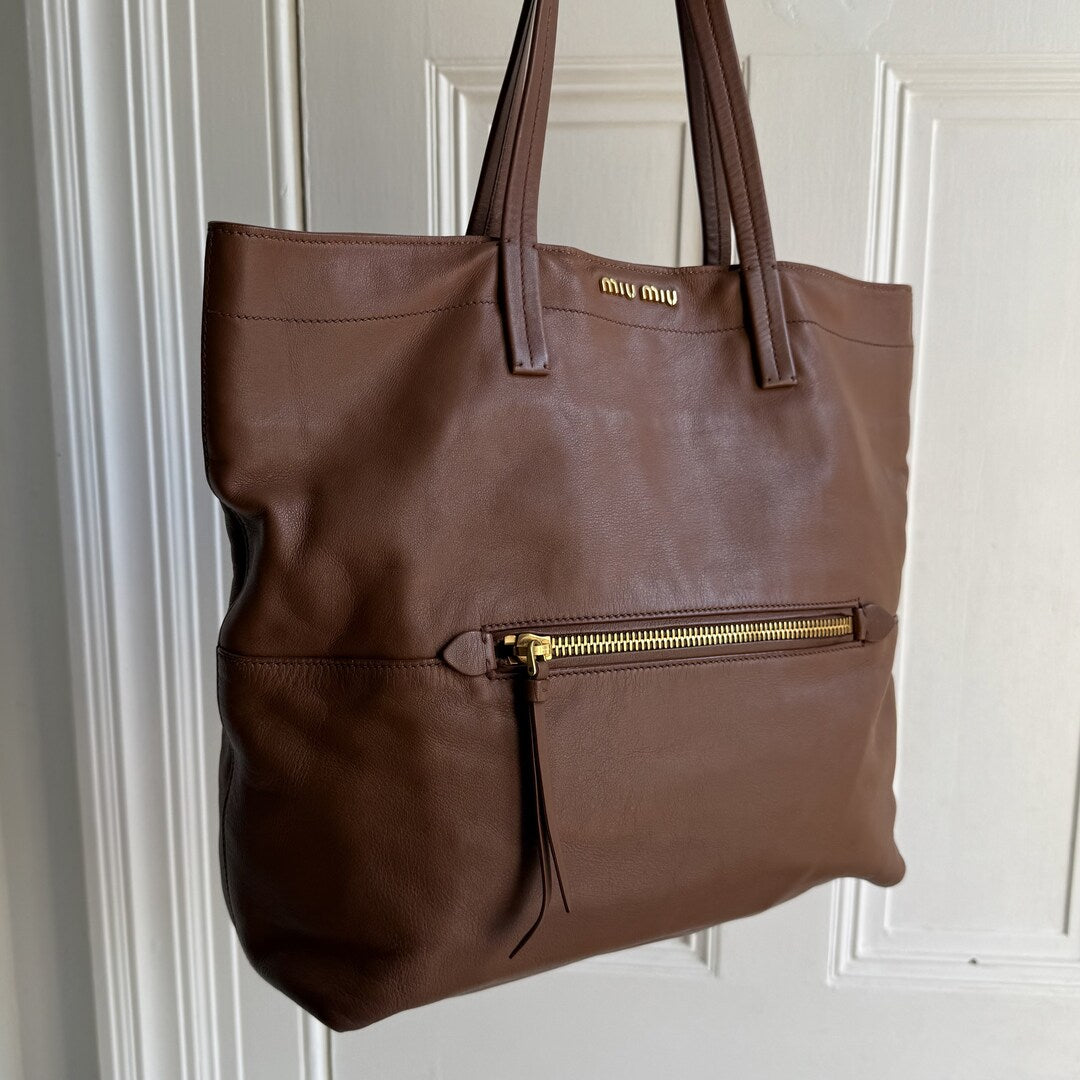 Miu Miu Vitello Brown Leather Tote Bag