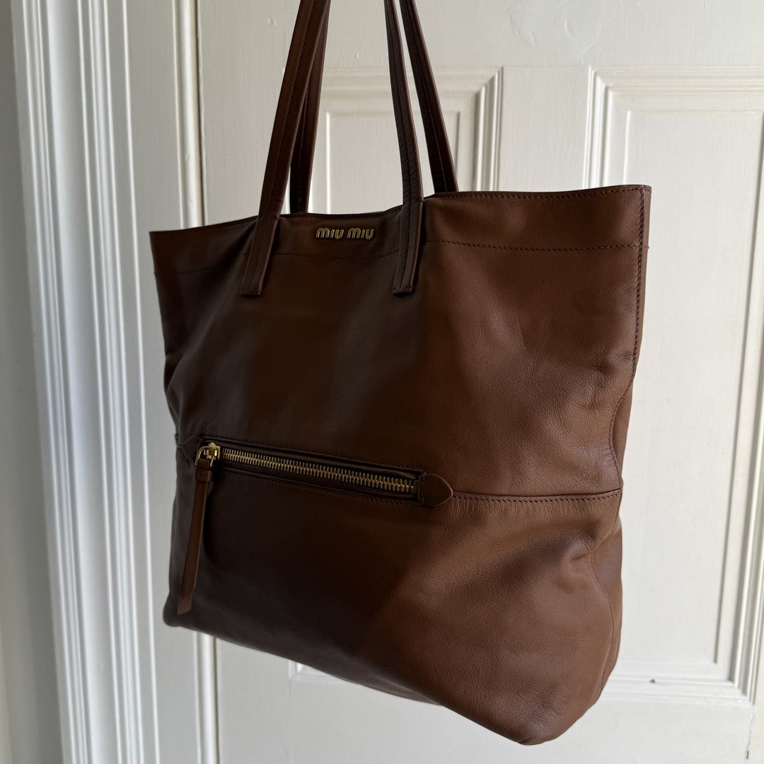 Miu Miu Vitello Brown Leather Tote Bag