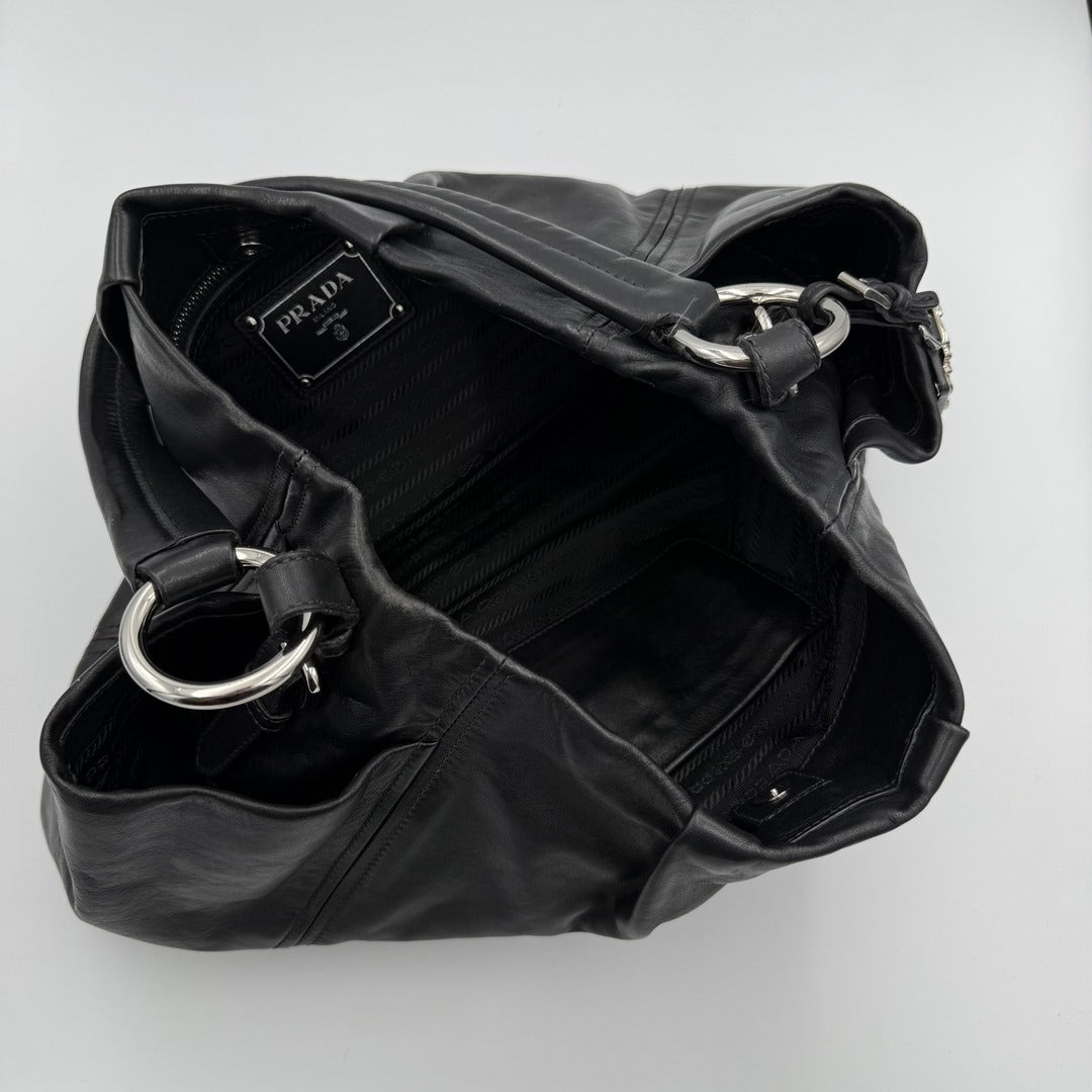 Prada Hobo Cervo Leather Black Tote Bag
