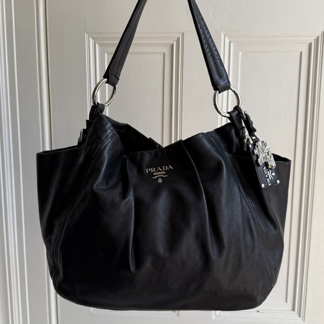 Prada Hobo Cervo Leather Black Tote Bag