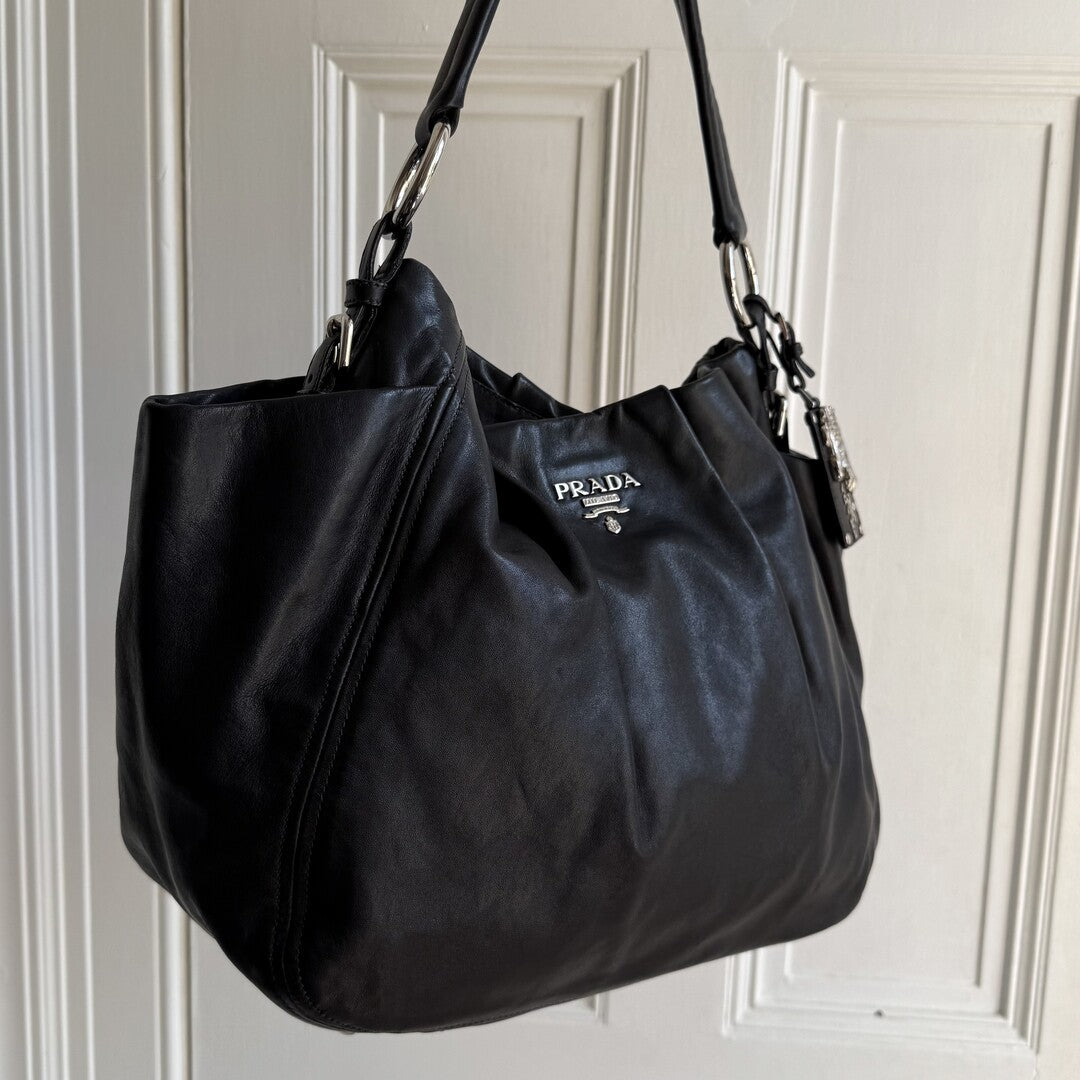 Prada Hobo Cervo Leather Black Tote Bag