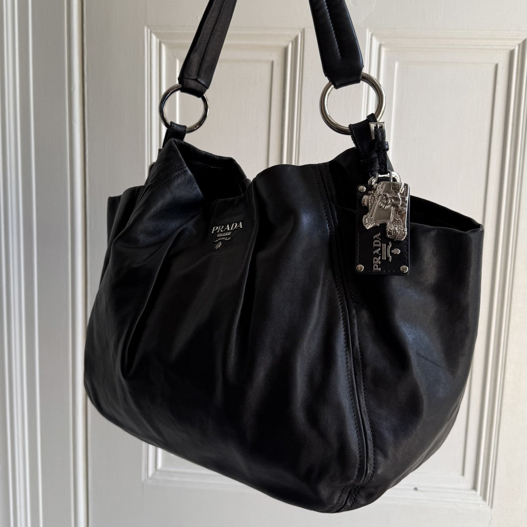Prada Hobo Cervo Leather Black Tote Bag
