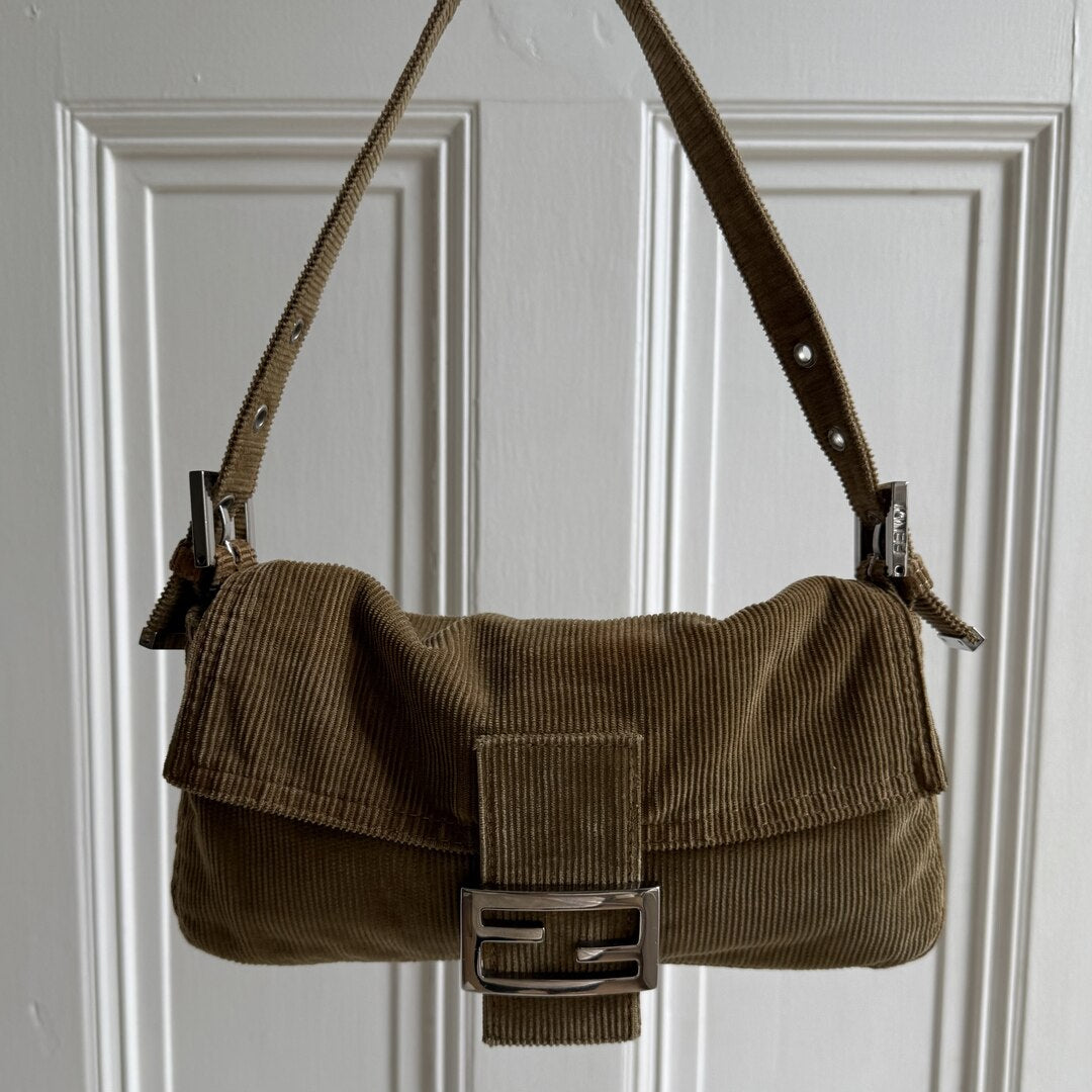 Fendi Mamma Baguette Corduroy Brown Shoulder Bag