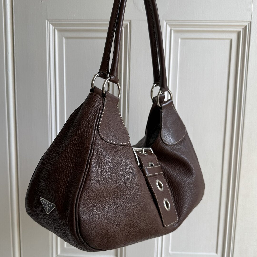 2002 Prada Moon Leather Brown Shoulder Bag
