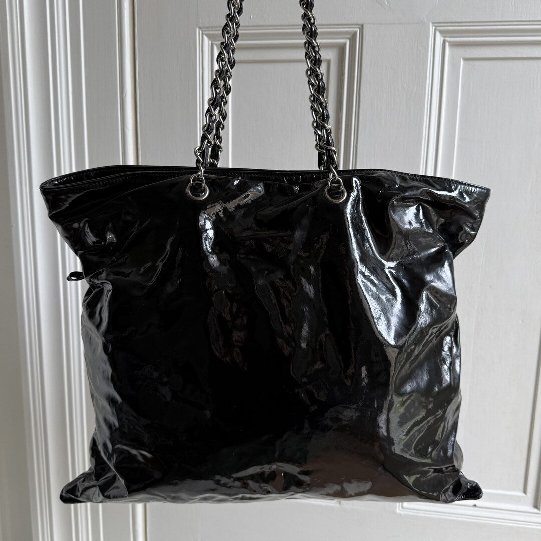 2009 Chanel CC Patent Leather Black Chain Tote Bag