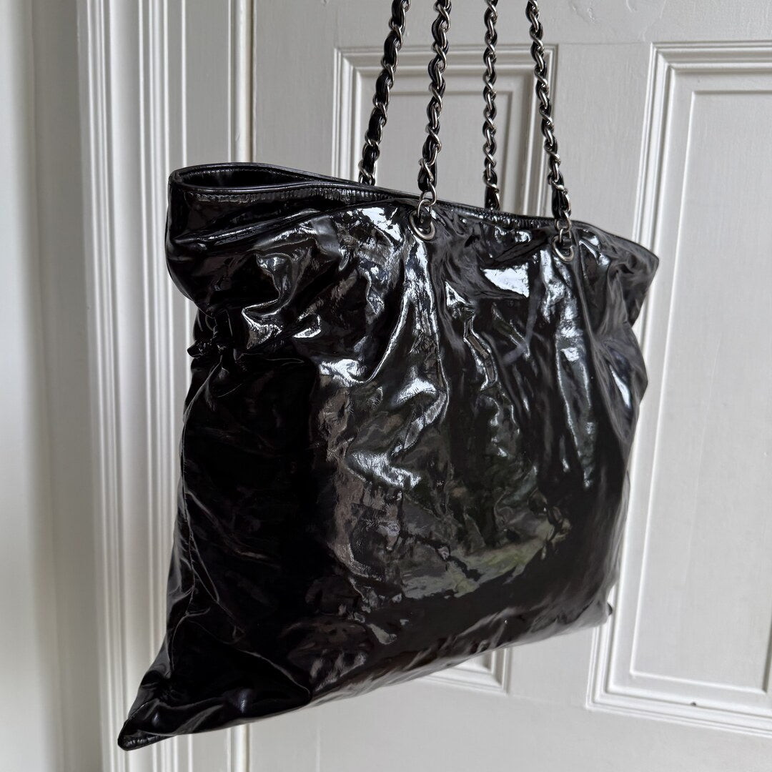 2009 Chanel CC Patent Leather Black Chain Tote Bag