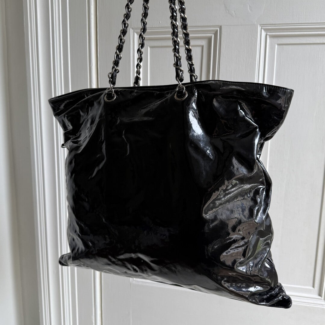 2009 Chanel CC Patent Leather Black Chain Tote Bag