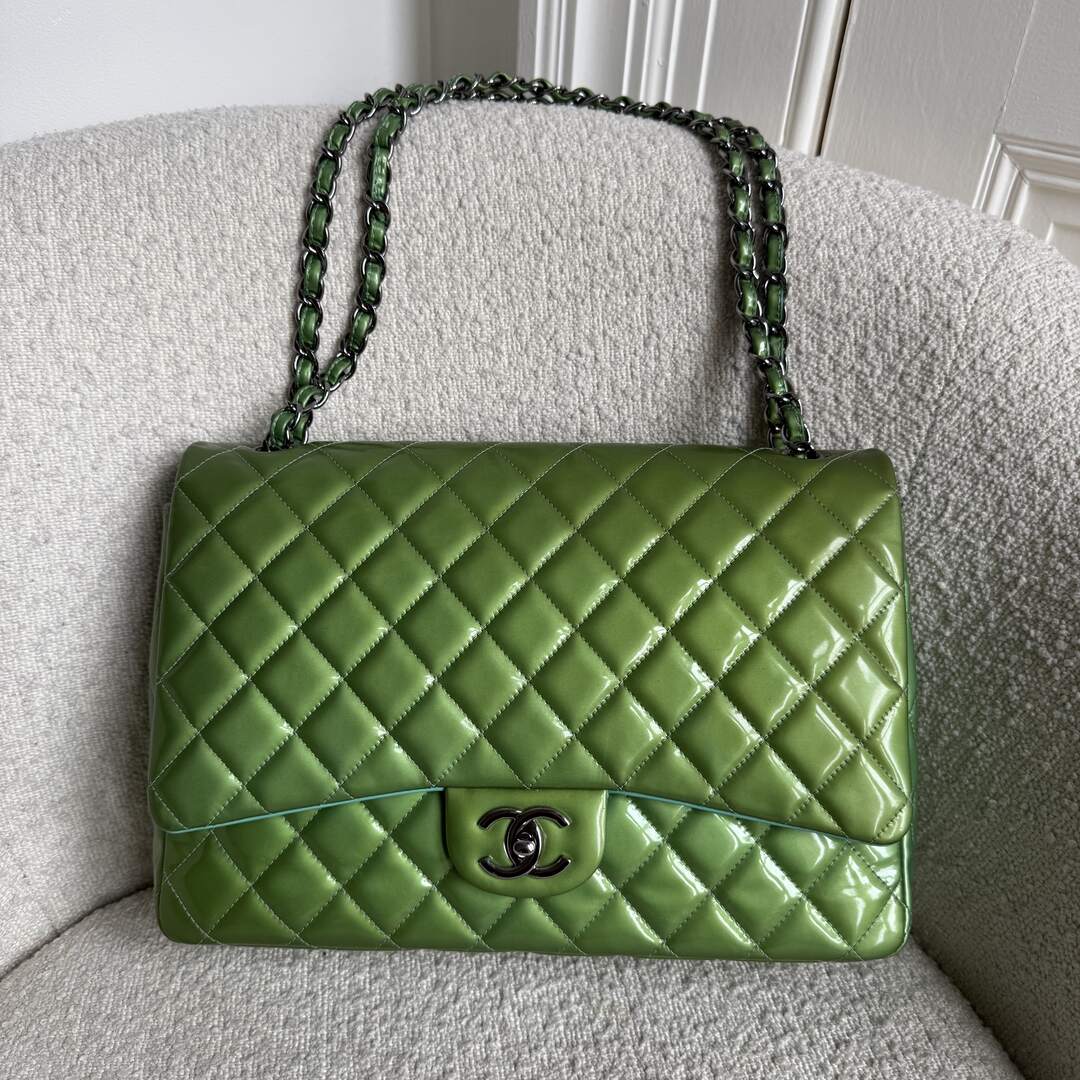 2012 Chanel CC Jumbo Double Flap Patent Leather Green Shoulder Bag