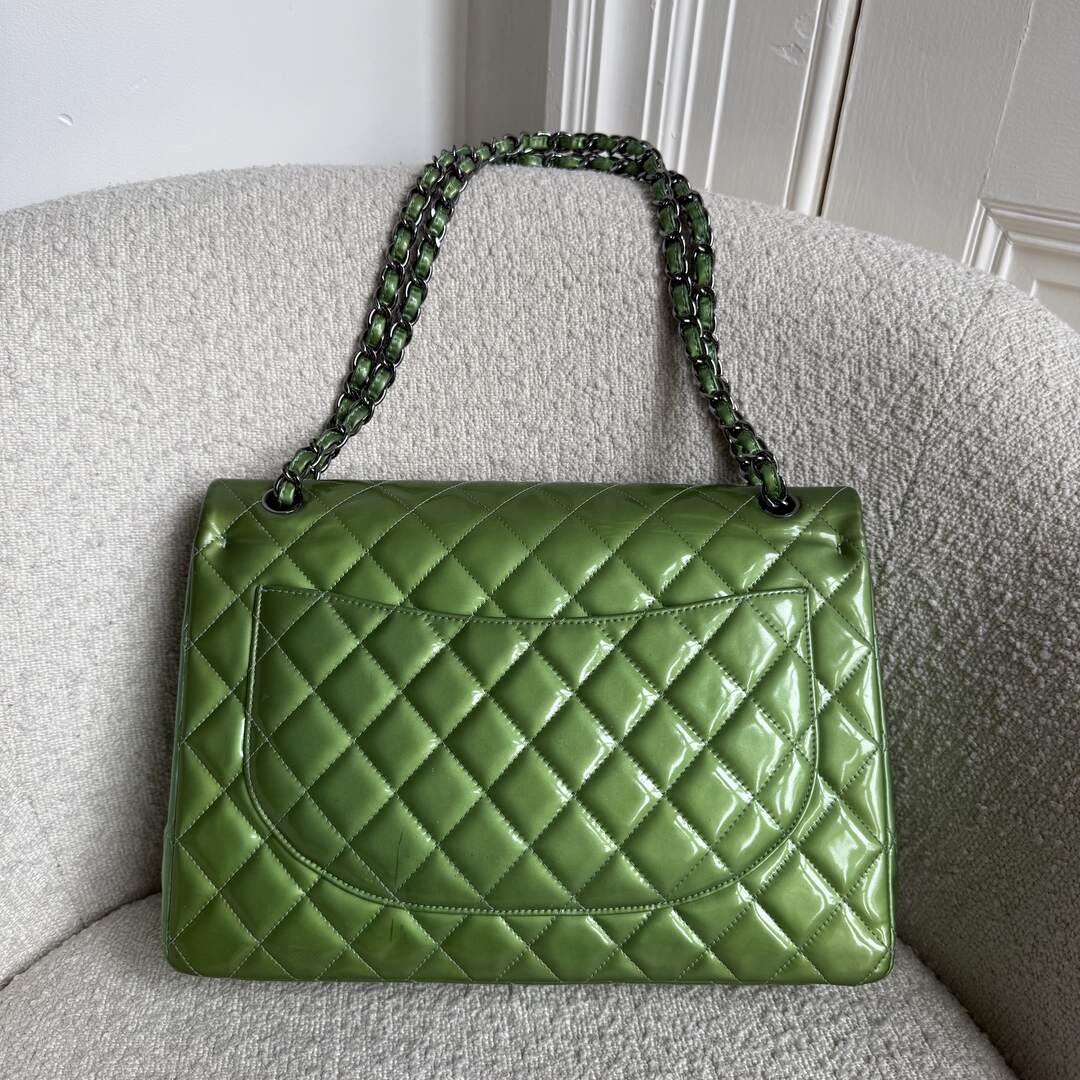 2012 Chanel CC Jumbo Double Flap Patent Leather Green Shoulder Bag