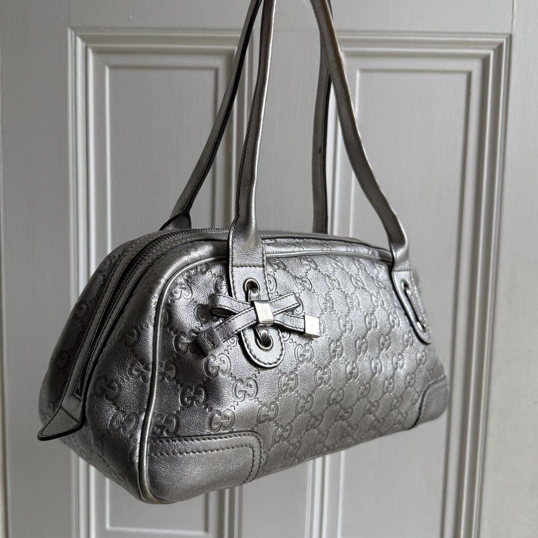 Gucci Guccissima Princy Metallic Silver Leather Shoulder Bag