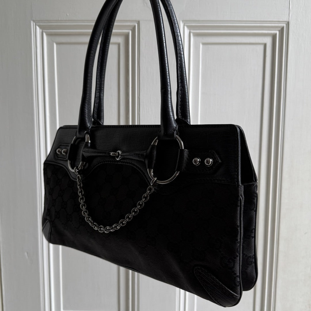 Gucci GG Canvas Horsebit Black Shoulder Bag