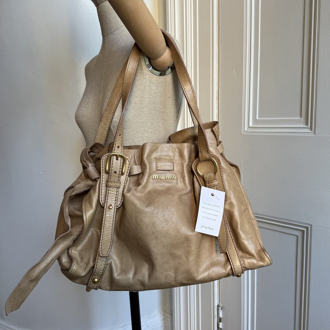 Miu Miu Vitello Leather Beige Tote Bag