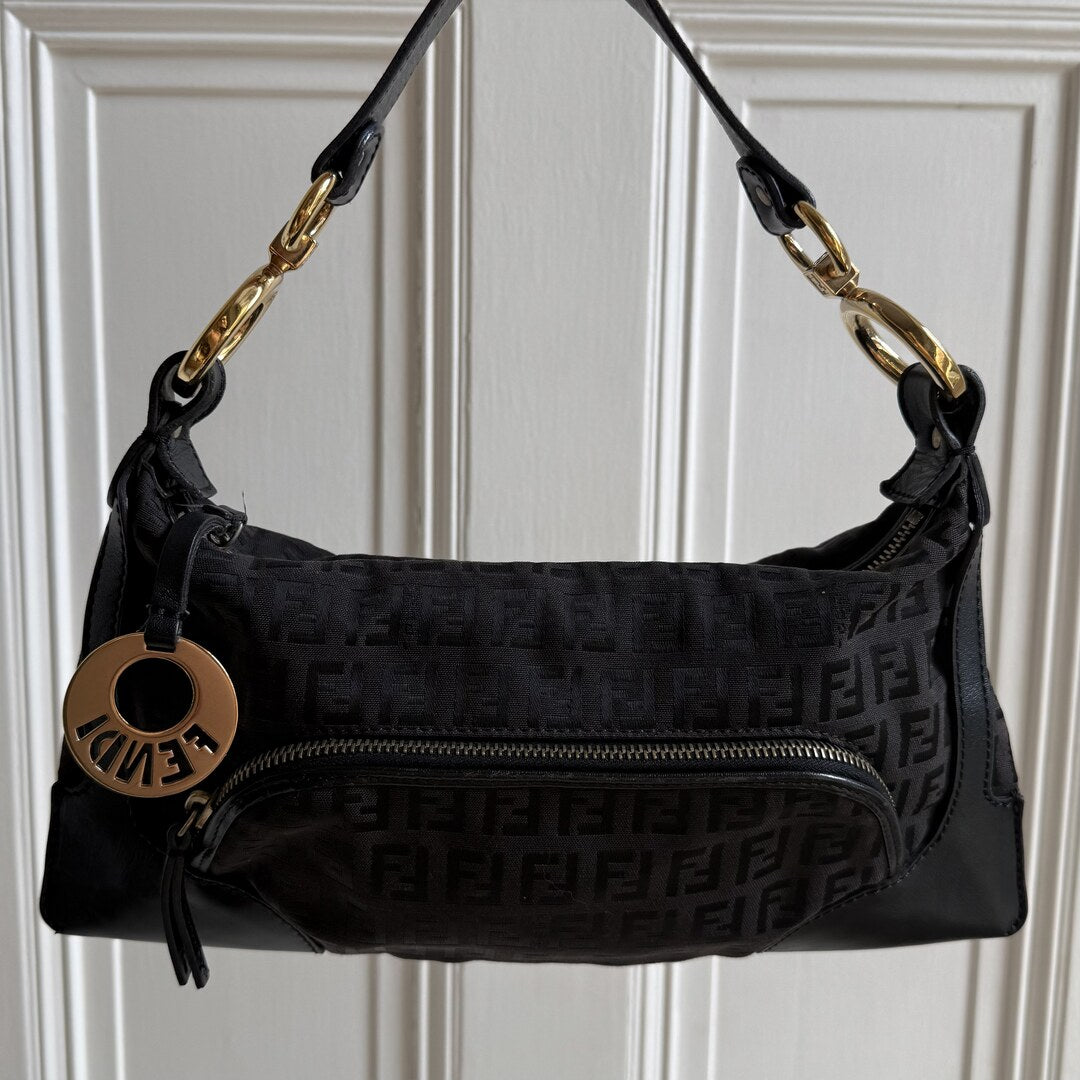 Fendi Zucchino Canvas Chef Black Shoulder Bag