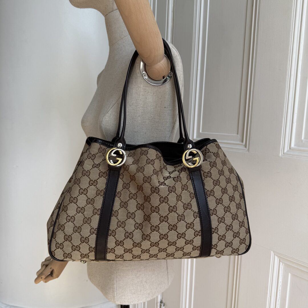 Gucci GG Canvas Twins Black Leather Tote Bag