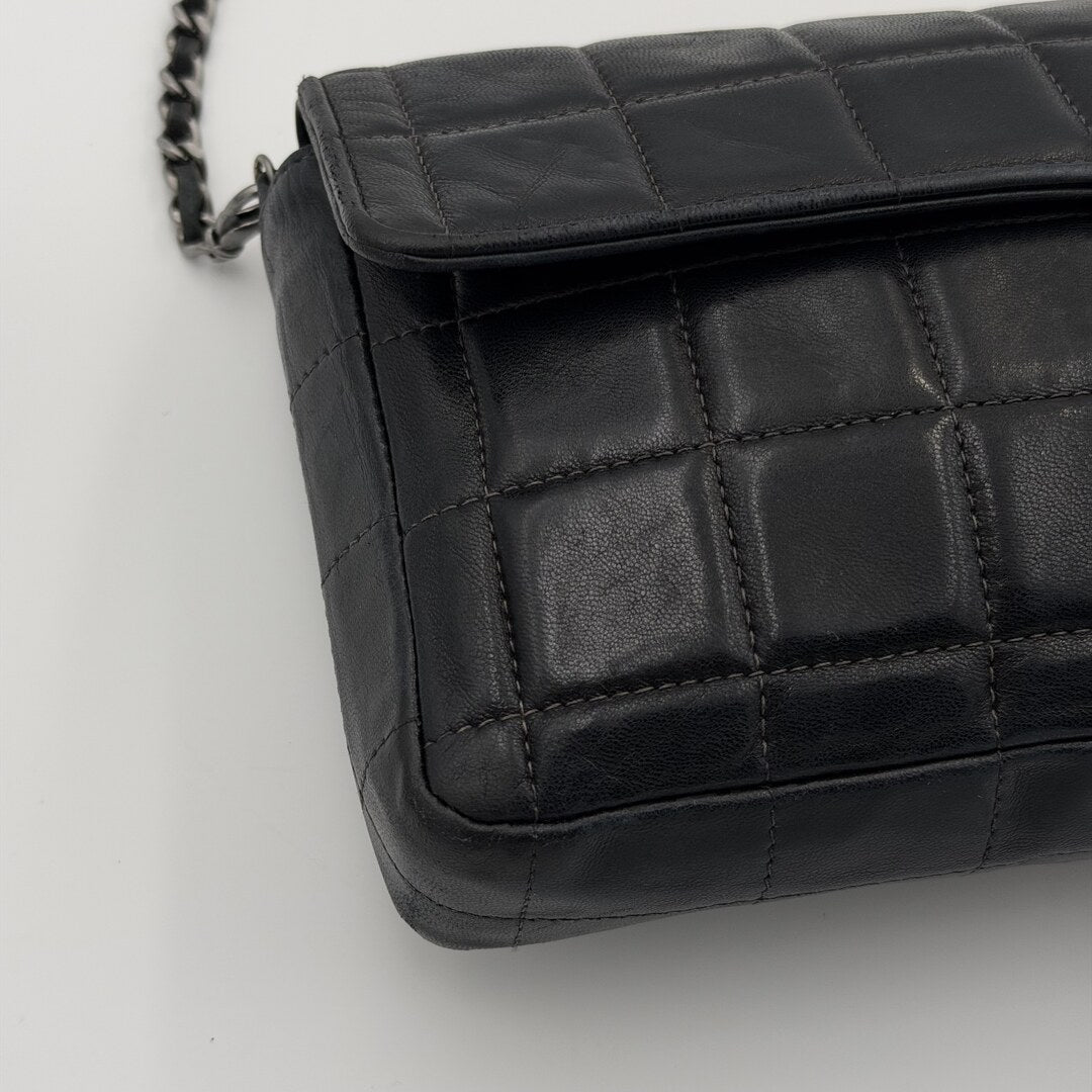 2000 Chanel East West Chocolate Bar Black Leather Flap Shoulder Bag