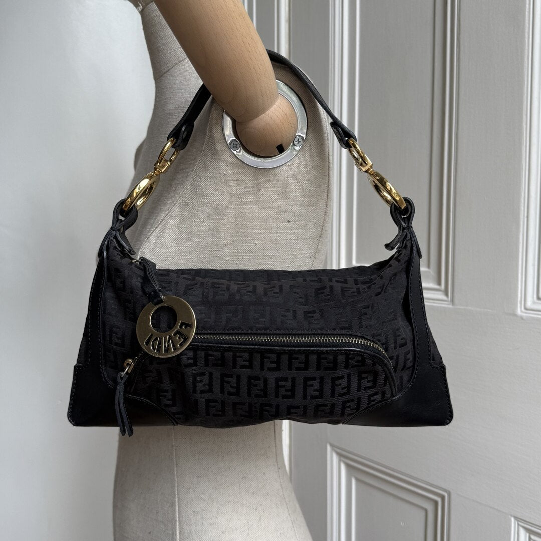 Fendi Zucchino Canvas Chef Black Shoulder Bag