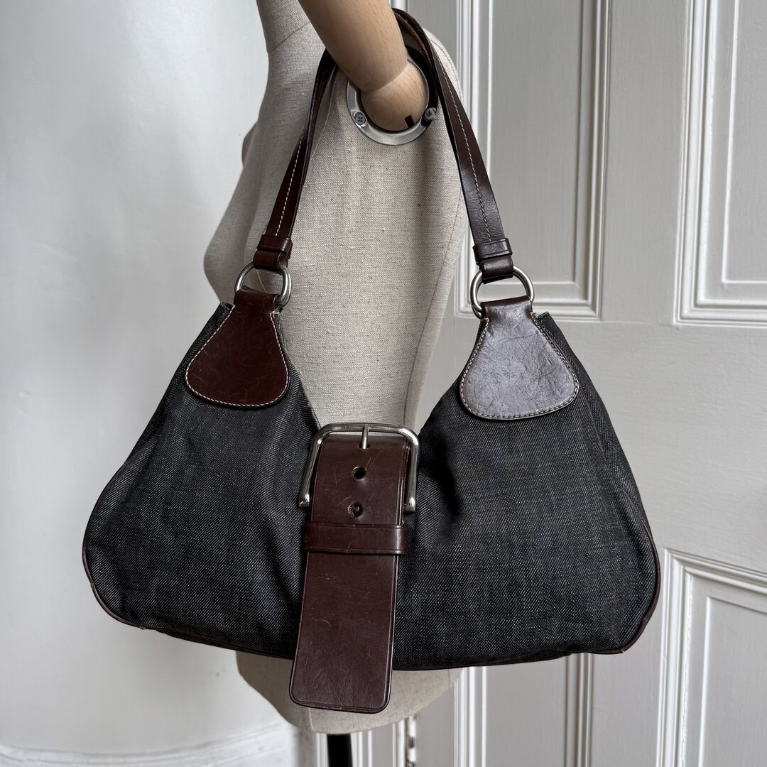 Prada Moon Denim Brown Leather Shoulder Bag