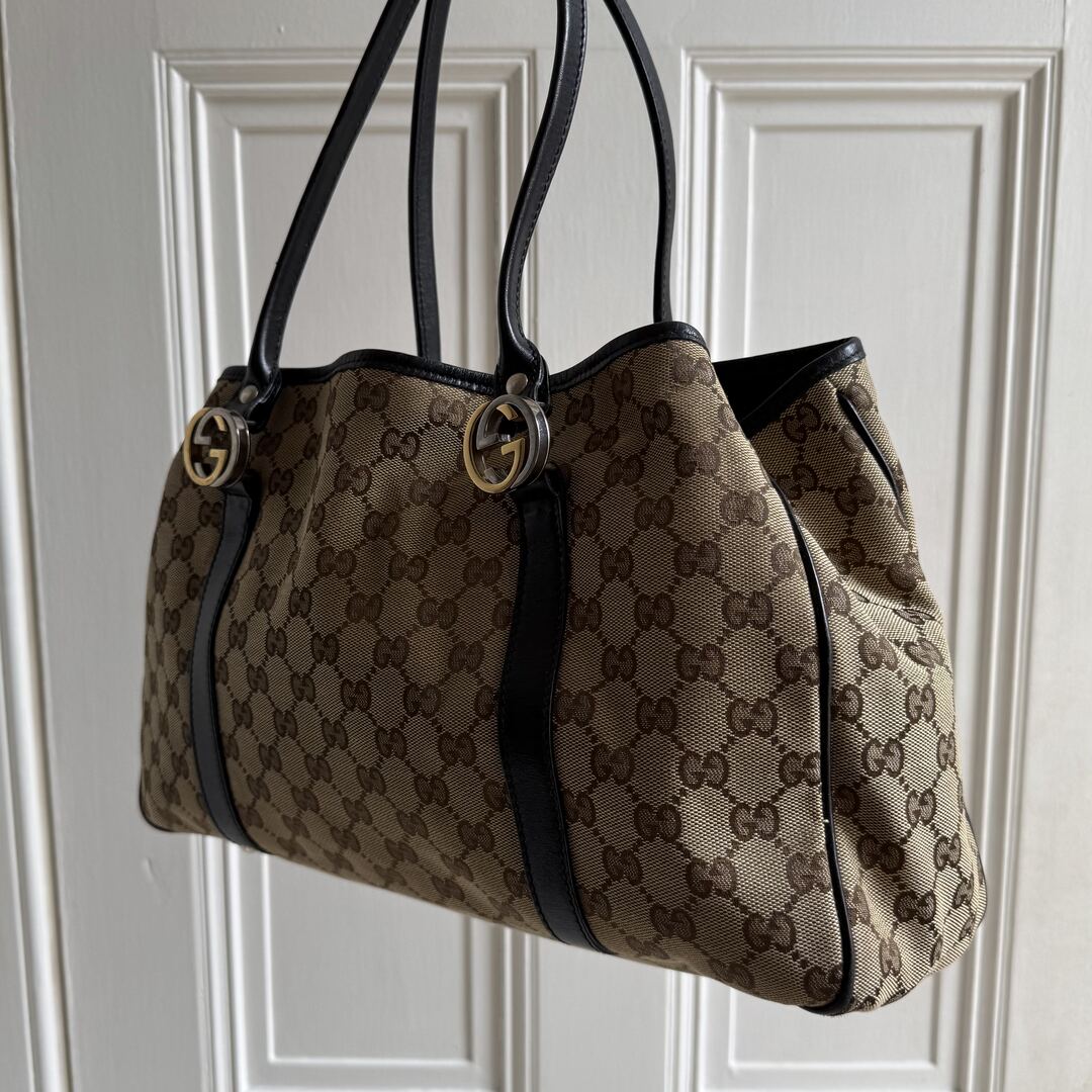 Gucci GG Canvas Twins Black Leather Tote Bag