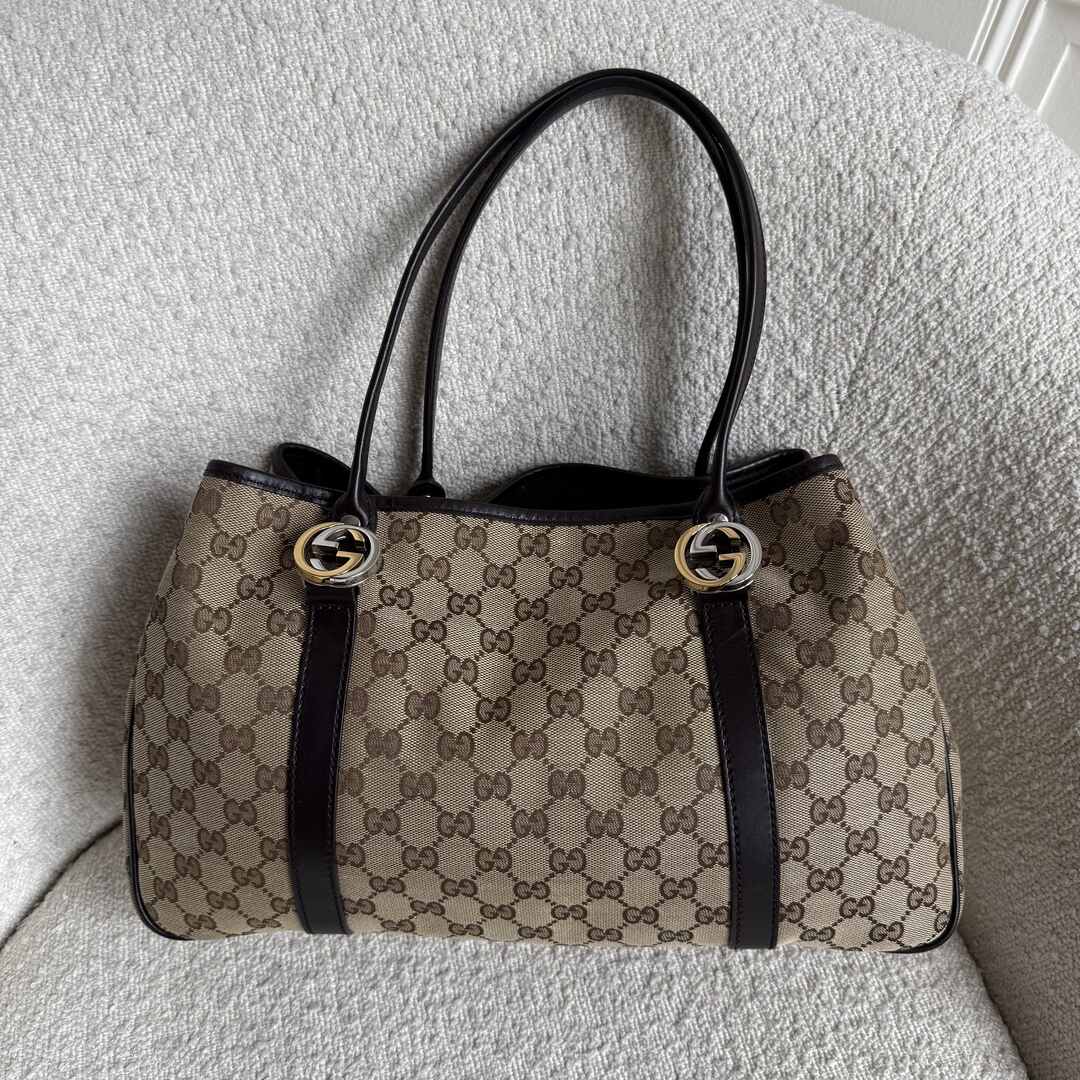 Gucci GG Canvas Twins Black Leather Tote Bag