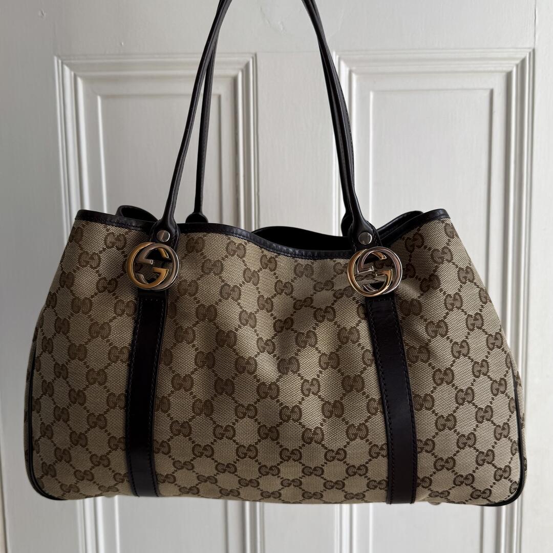 Gucci GG Canvas Twins Black Leather Tote Bag